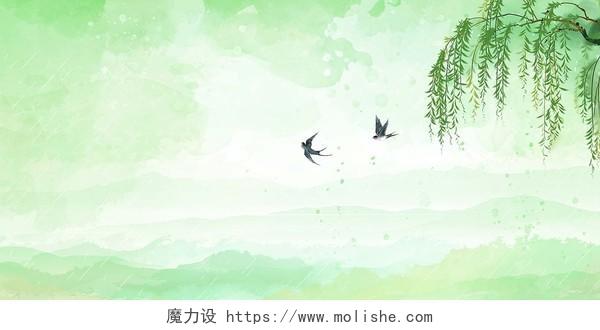 绿色水墨风山峰燕子春天柳树叶子展板背景